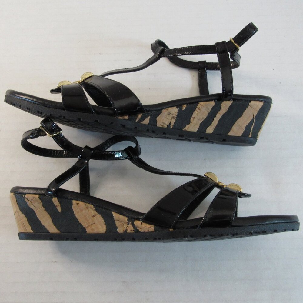 Amalfi Black T Strap Gold Animal Print Cork Wedge Heeled Sandal Size 5 1/2 M - Picture 4 of 8